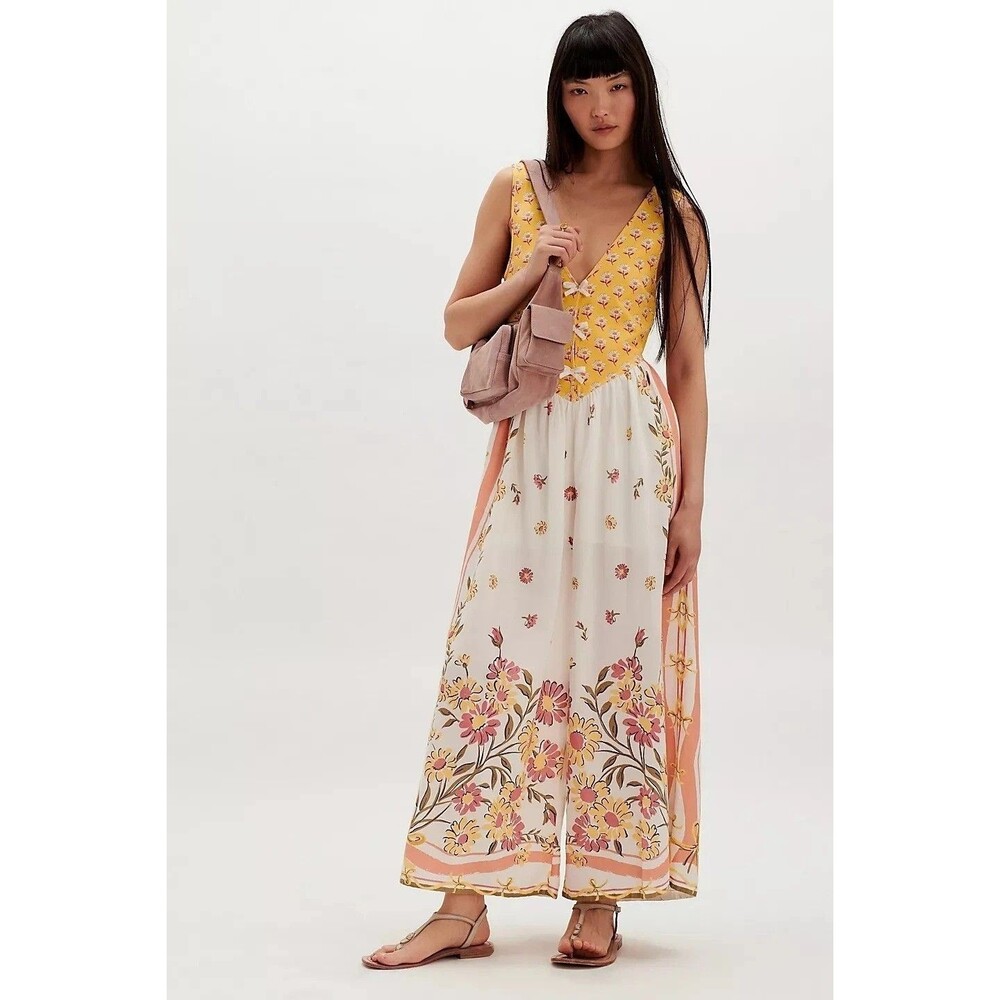 Free People Bali Honeydew Jumpsuit Dress Floral Printed V-Neck Wide Leg S 287484